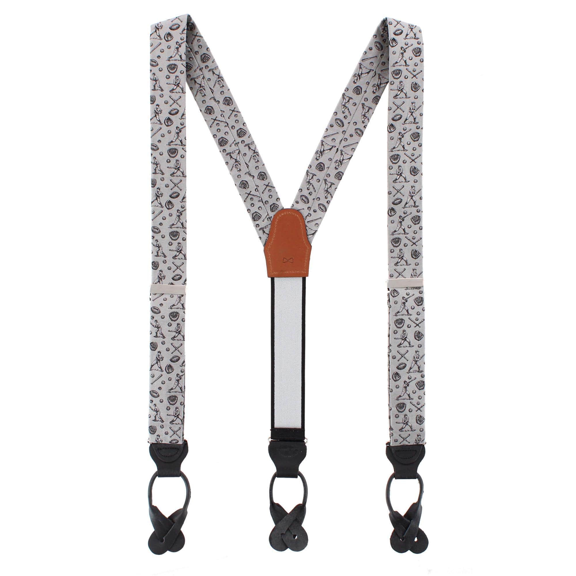 Batter Up Novelty Baseball Silk Button End Braces - Silver