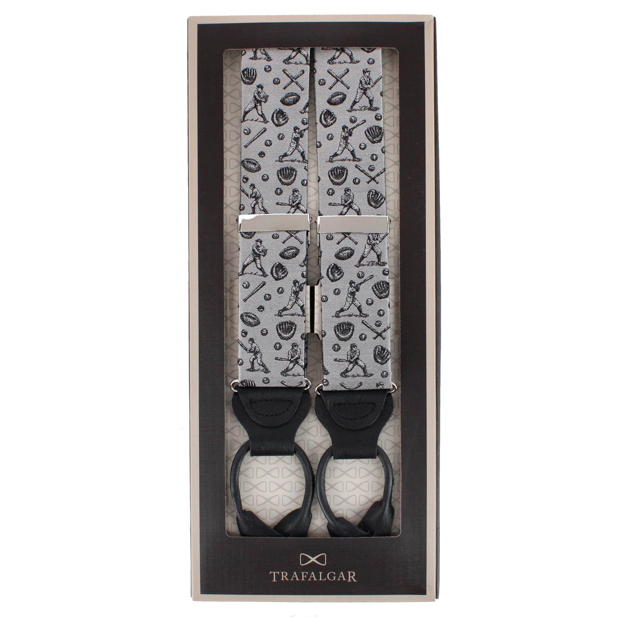 Batter Up Novelty Baseball Silk Button End Braces - Silver