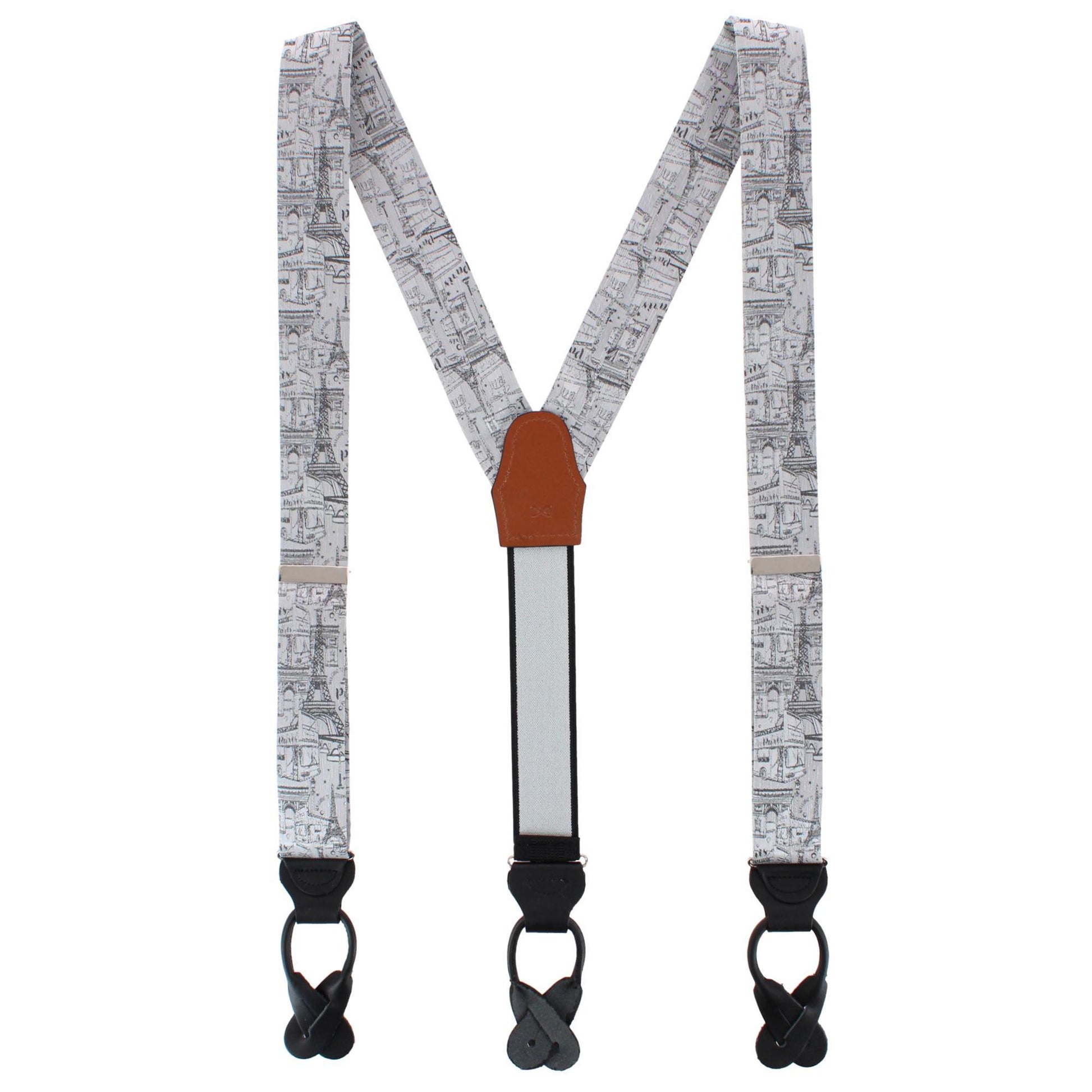 Paris Cityscape Escape Silk Novelty Button End Braces - Silver