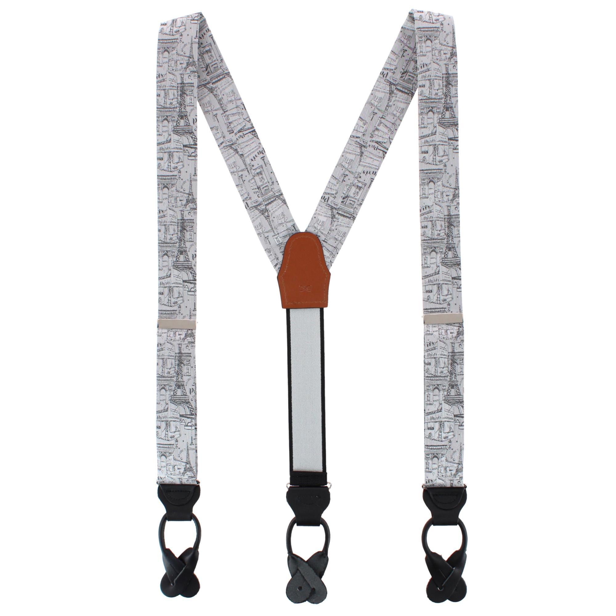 Paris Cityscape Escape Silk Novelty Button End Braces - Silver