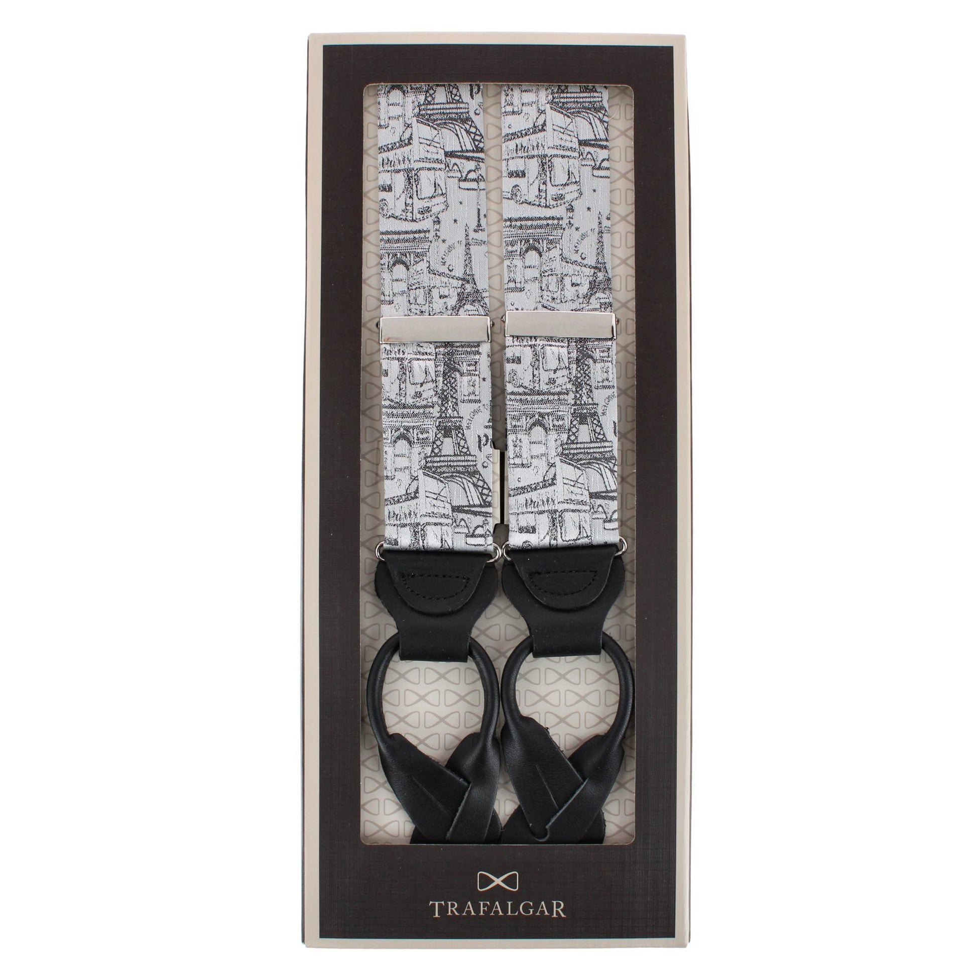 Paris Cityscape Escape Silk Novelty Button End Braces - Silver