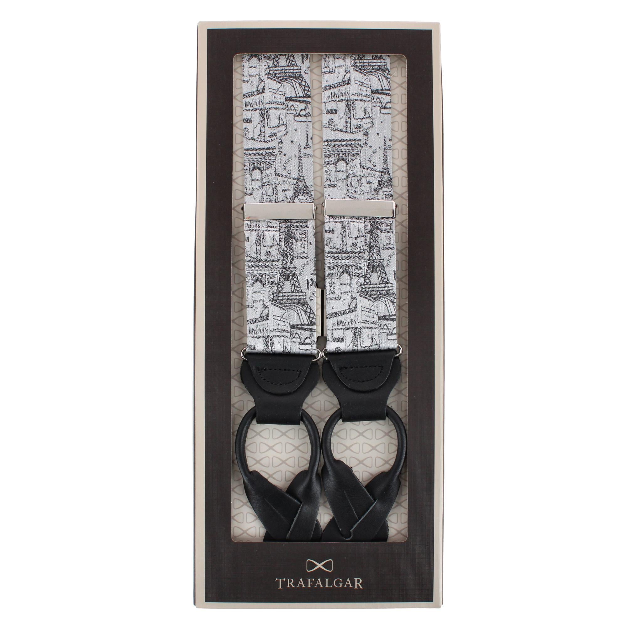 Paris Cityscape Escape Silk Novelty Button End Braces - Silver