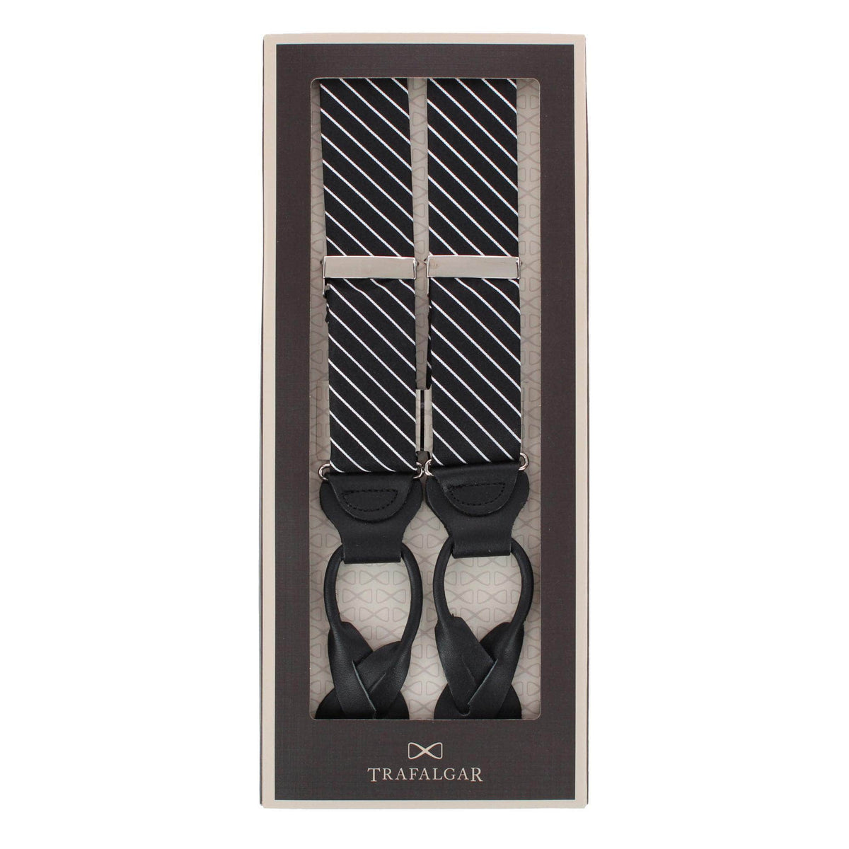 Declan Diagonal Stripe Silk Business Button End Braces - Black with White Stripe
