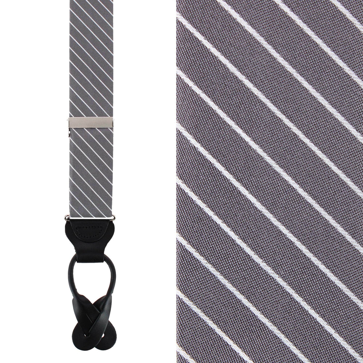Declan Diagonal Stripe Silk Business Button End Braces - Grey with White Stripe