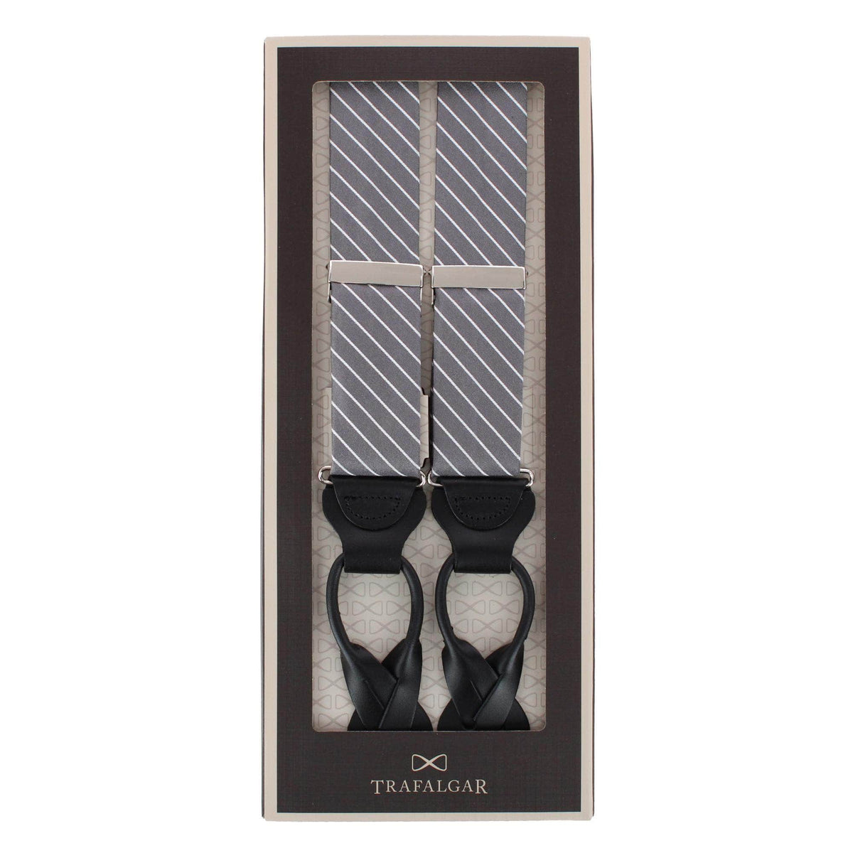 Declan Diagonal Stripe Silk Business Button End Braces - Grey with White Stripe