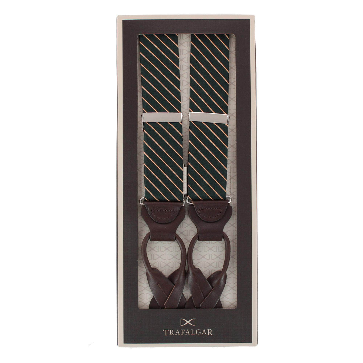 Declan Diagonal Stripe Silk Business Button End Braces - Green with Gold Stripe