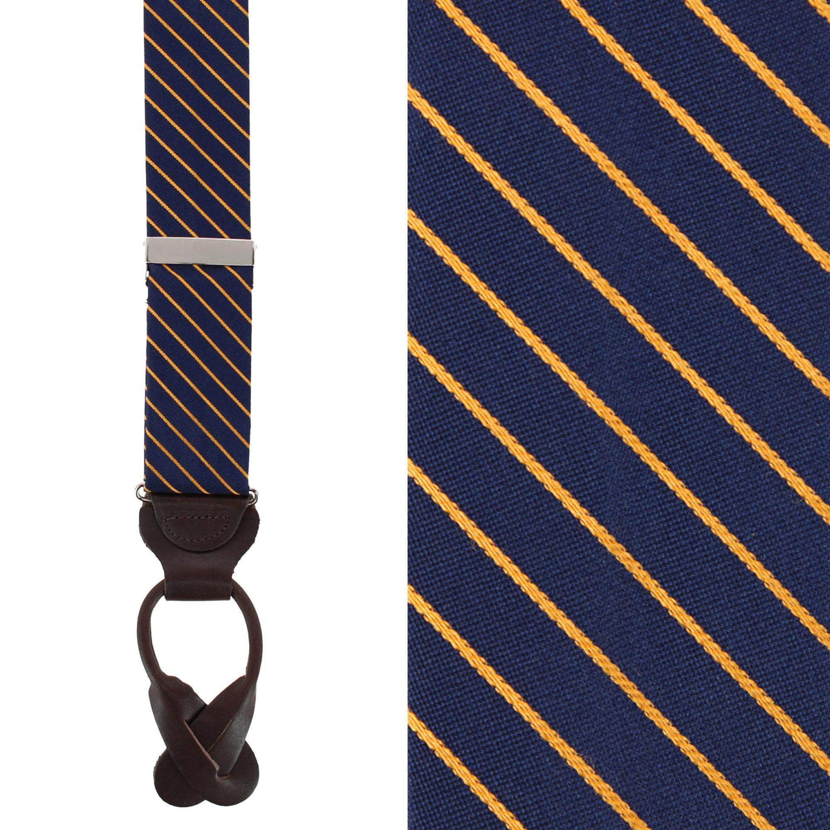 Declan Diagonal Stripe Silk Business Button End Braces - Navy Blue with Gold Stripe