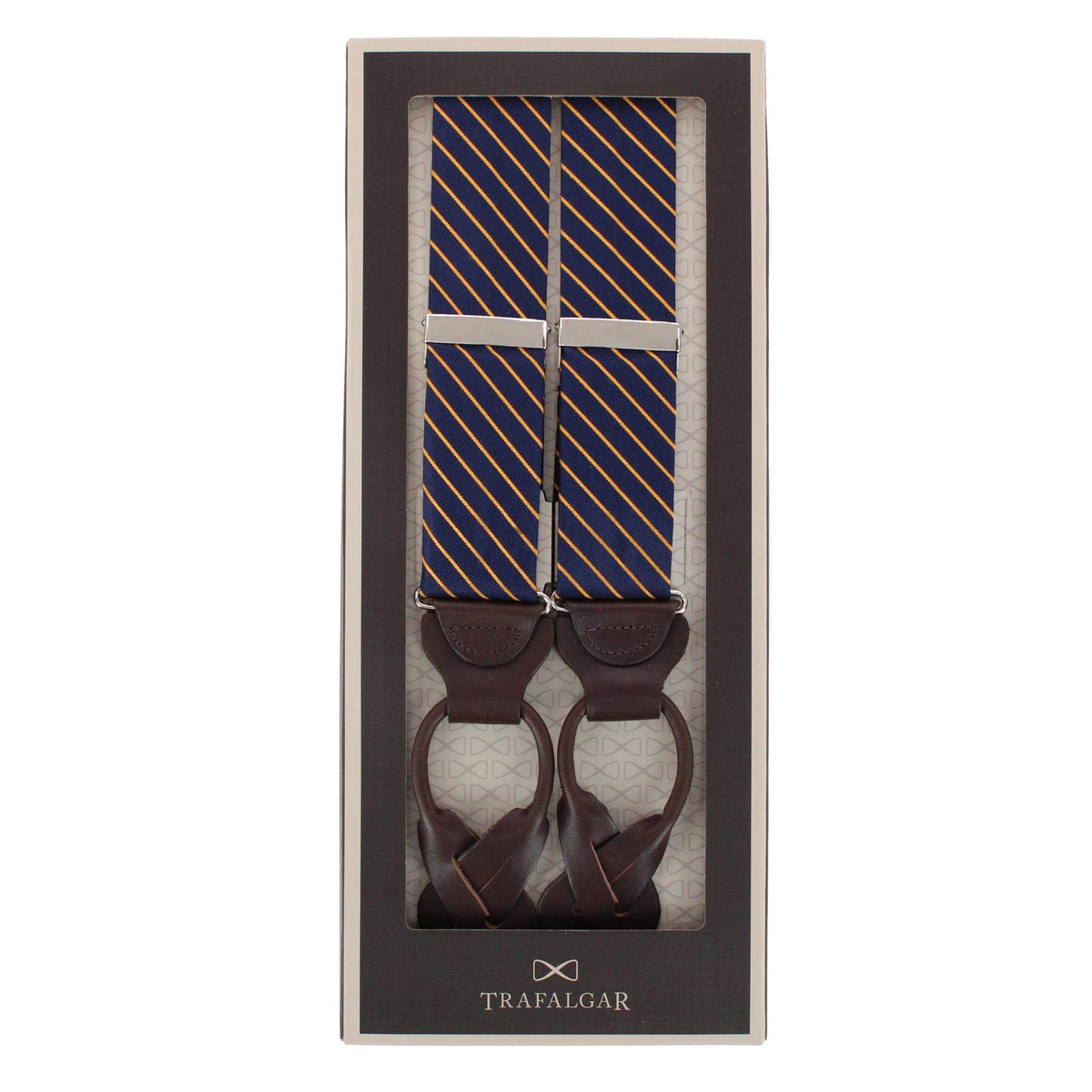 Declan Diagonal Stripe Silk Business Button End Braces - Navy Blue with Gold Stripe