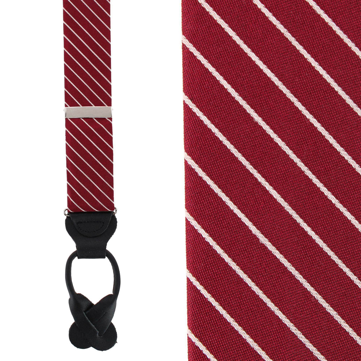 Declan Diagonal Stripe Silk Business Button End Braces - Burgundy with White Stripe