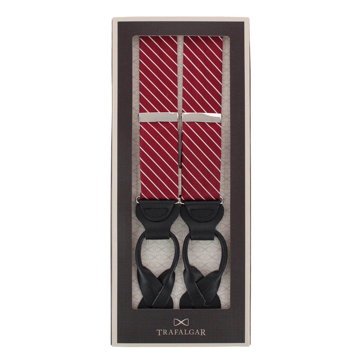 Declan Diagonal Stripe Silk Business Button End Braces - Burgundy with White Stripe