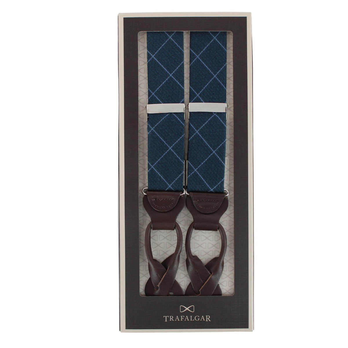 Zeke Diamond Patterned Business Wool Blend Button End Braces - Navy