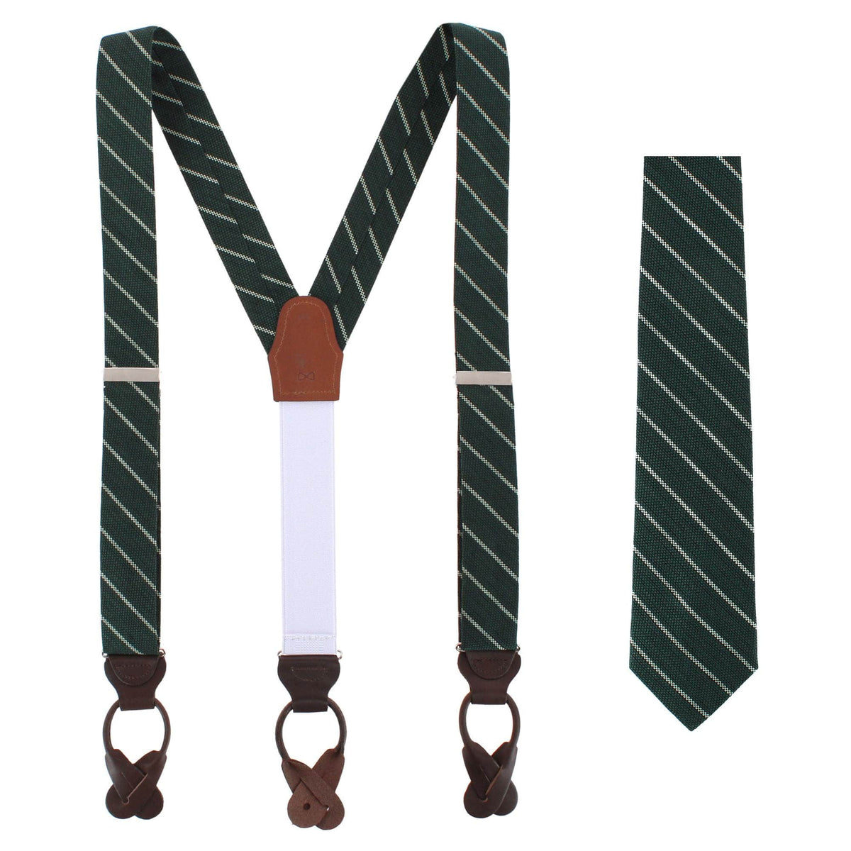 Cormac Block Striped Business Wool Blend Button End Braces & Necktie Set - Green Colorblock