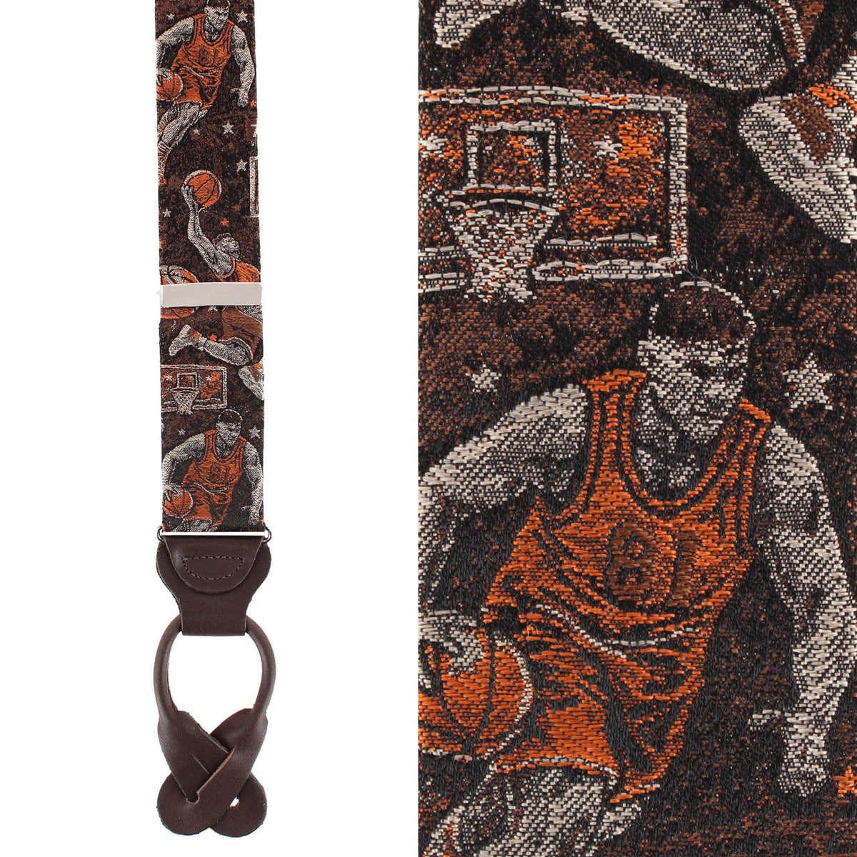 Courtside Basketball Silk Novelty Button End Braces - Brown