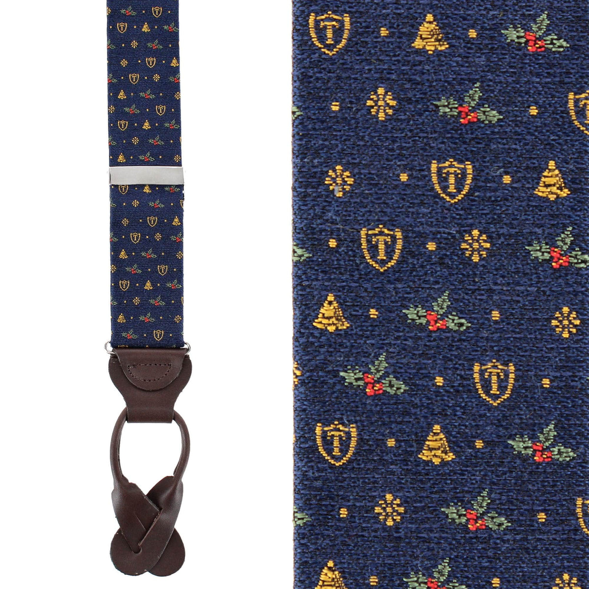 Dapper Christmas Neat Patterned Silk Novelty Button End Braces - Navy