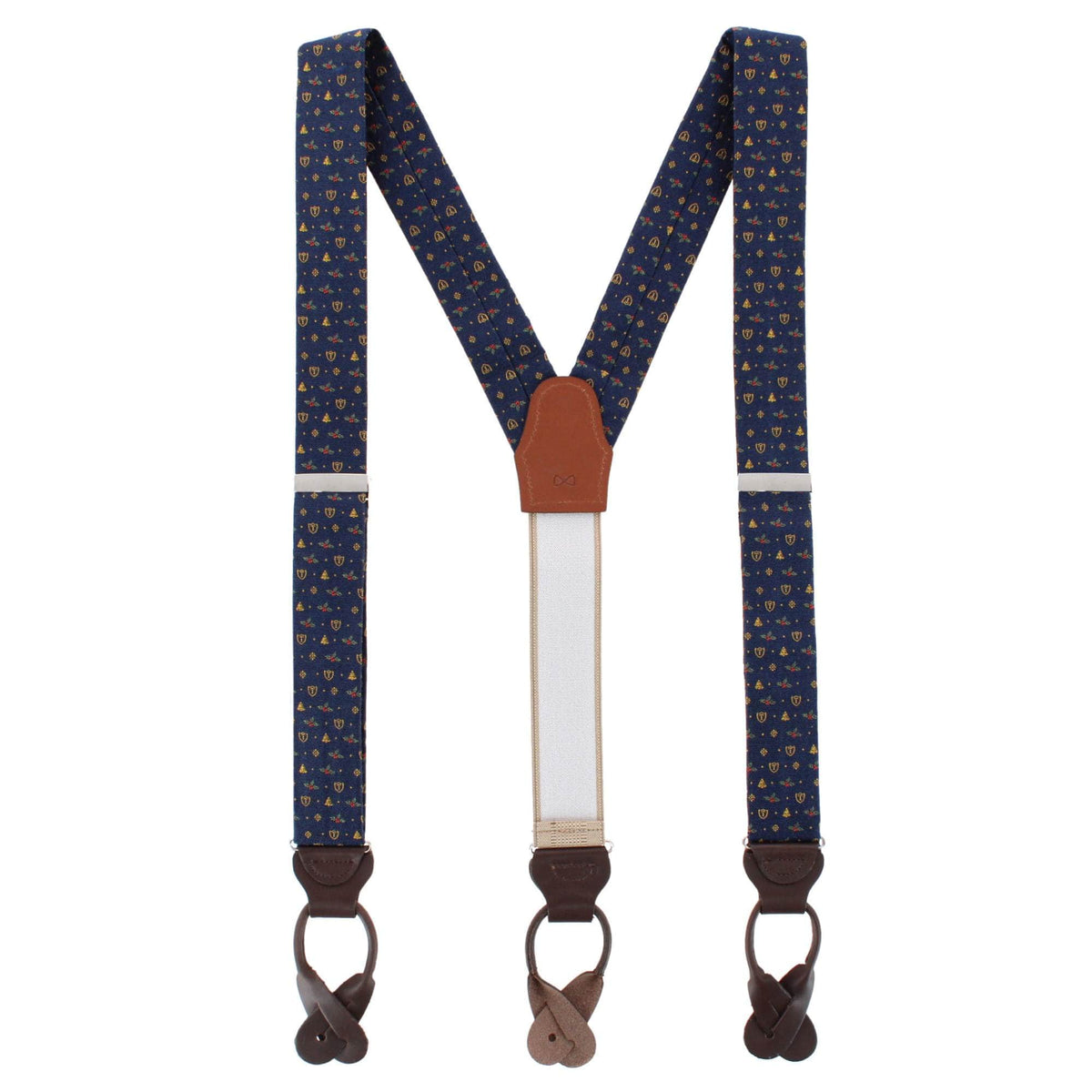 Dapper Christmas Neat Patterned Silk Novelty Button End Braces - Navy