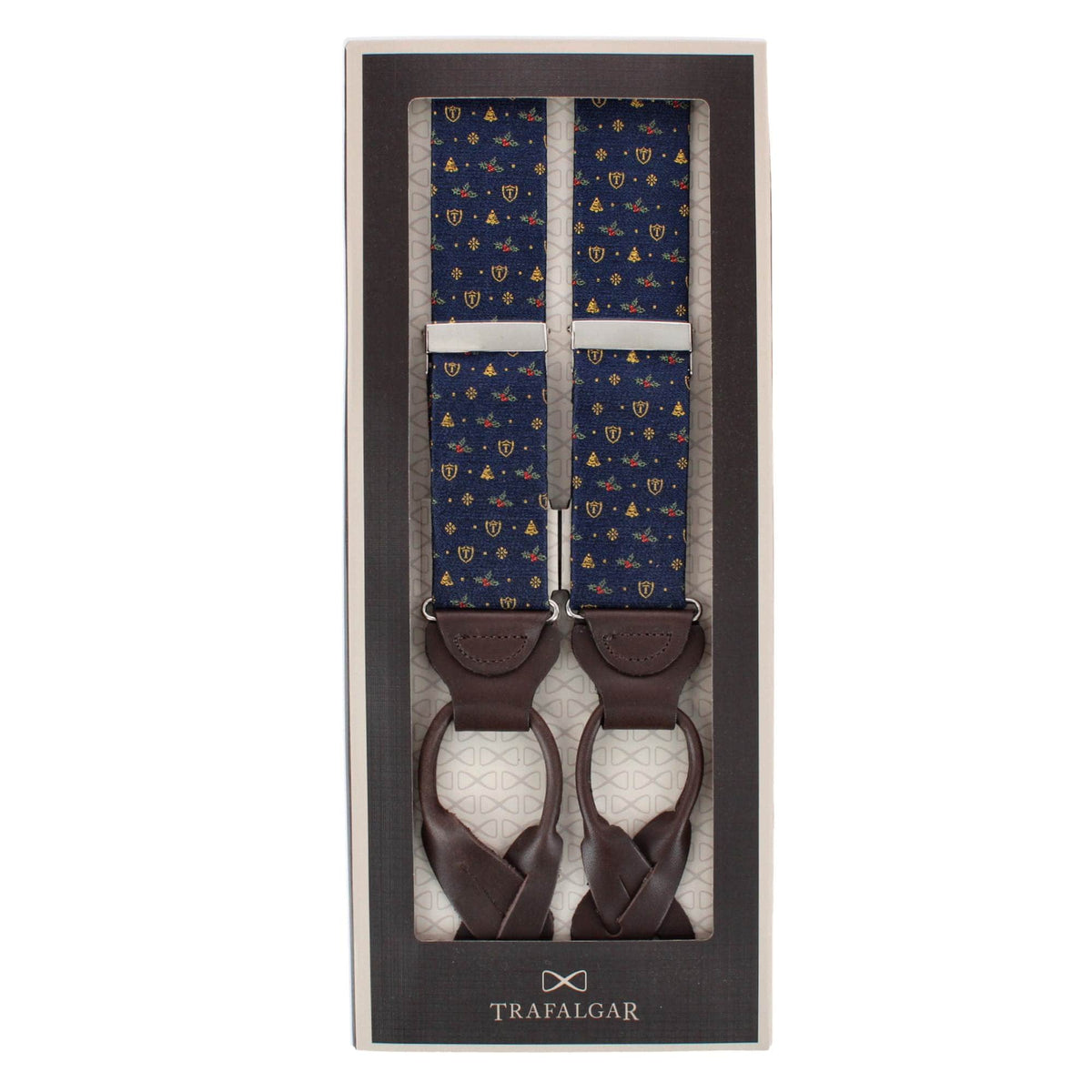 Dapper Christmas Neat Patterned Silk Novelty Button End Braces - Navy