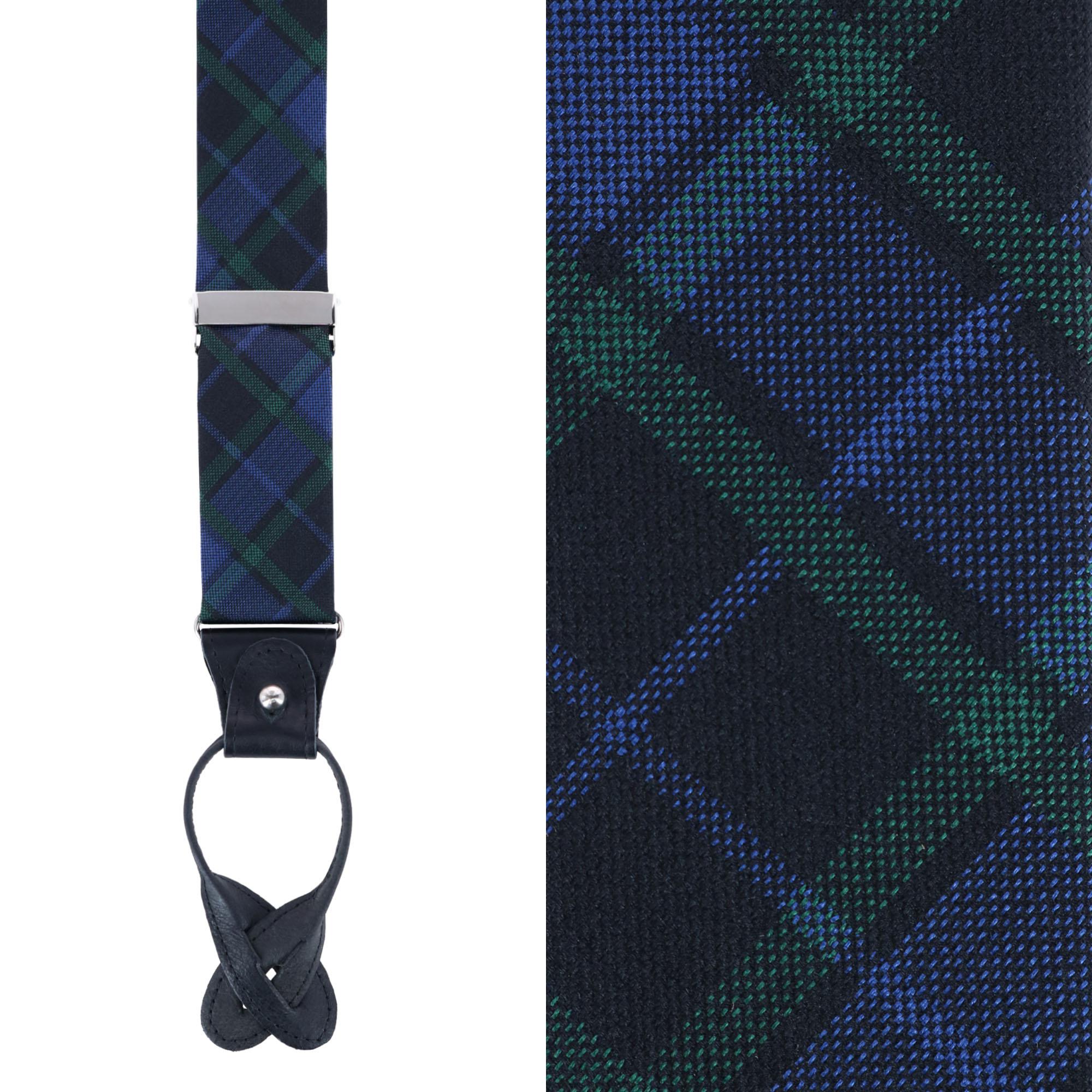 Ives Green and Navy Blackwatch Plaid Silk Button End Braces - Green and Navy Plaid