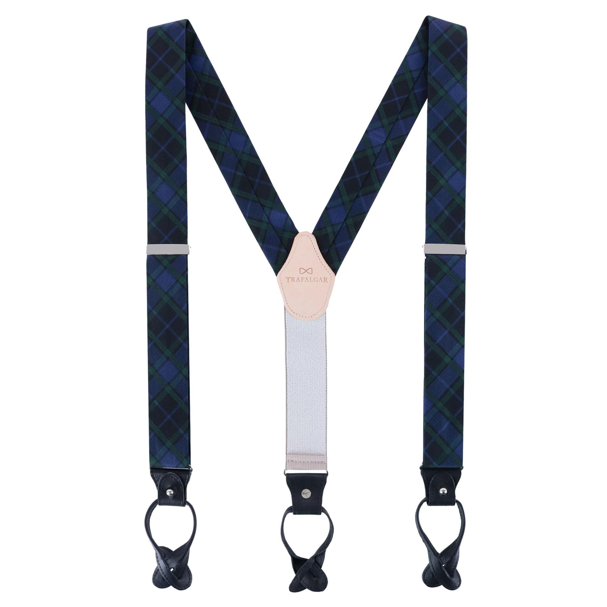 Ives Green and Navy Blackwatch Plaid Silk Button End Braces - Green and Navy Plaid