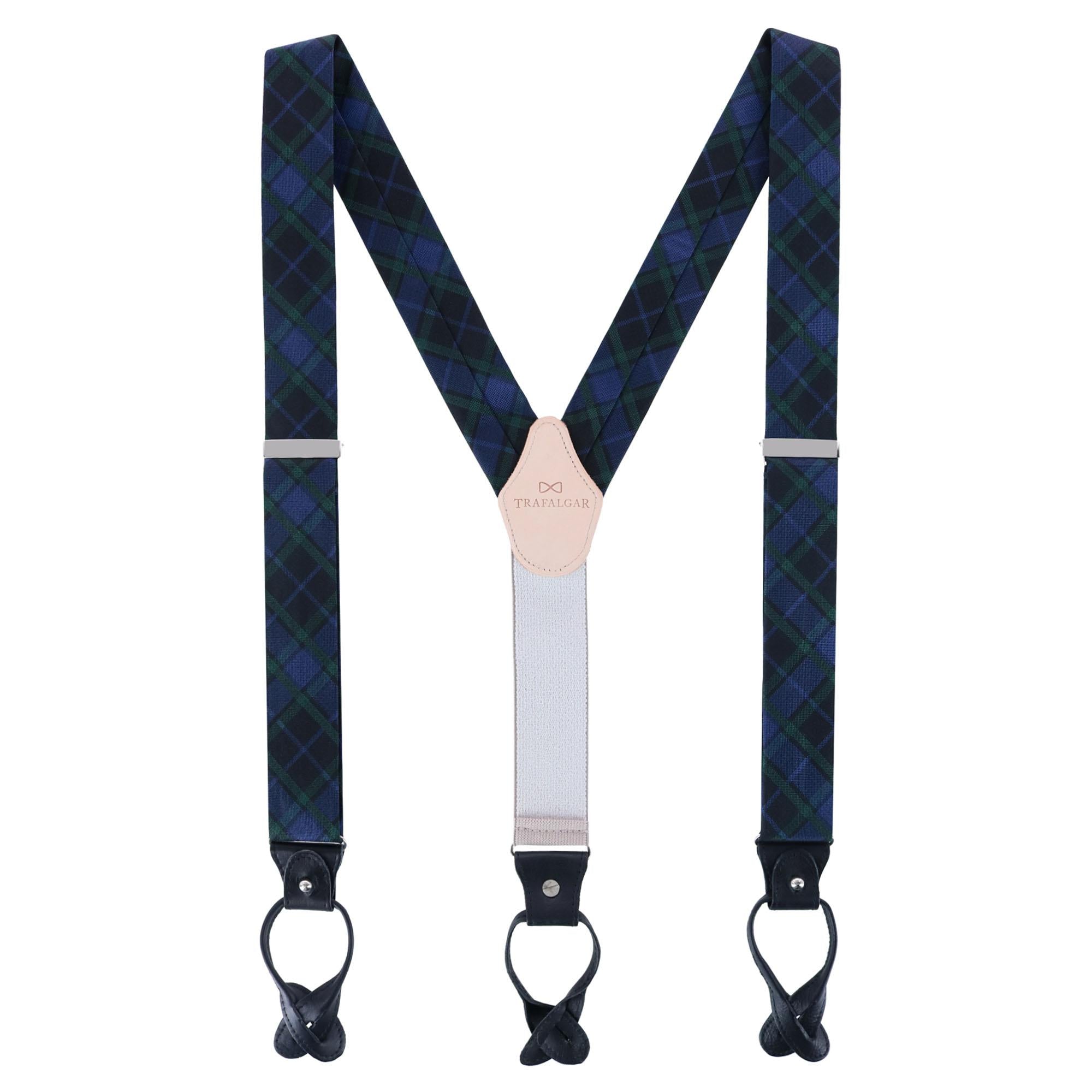 Ives Green and Navy Blackwatch Plaid Silk Button End Braces - Green and Navy Plaid