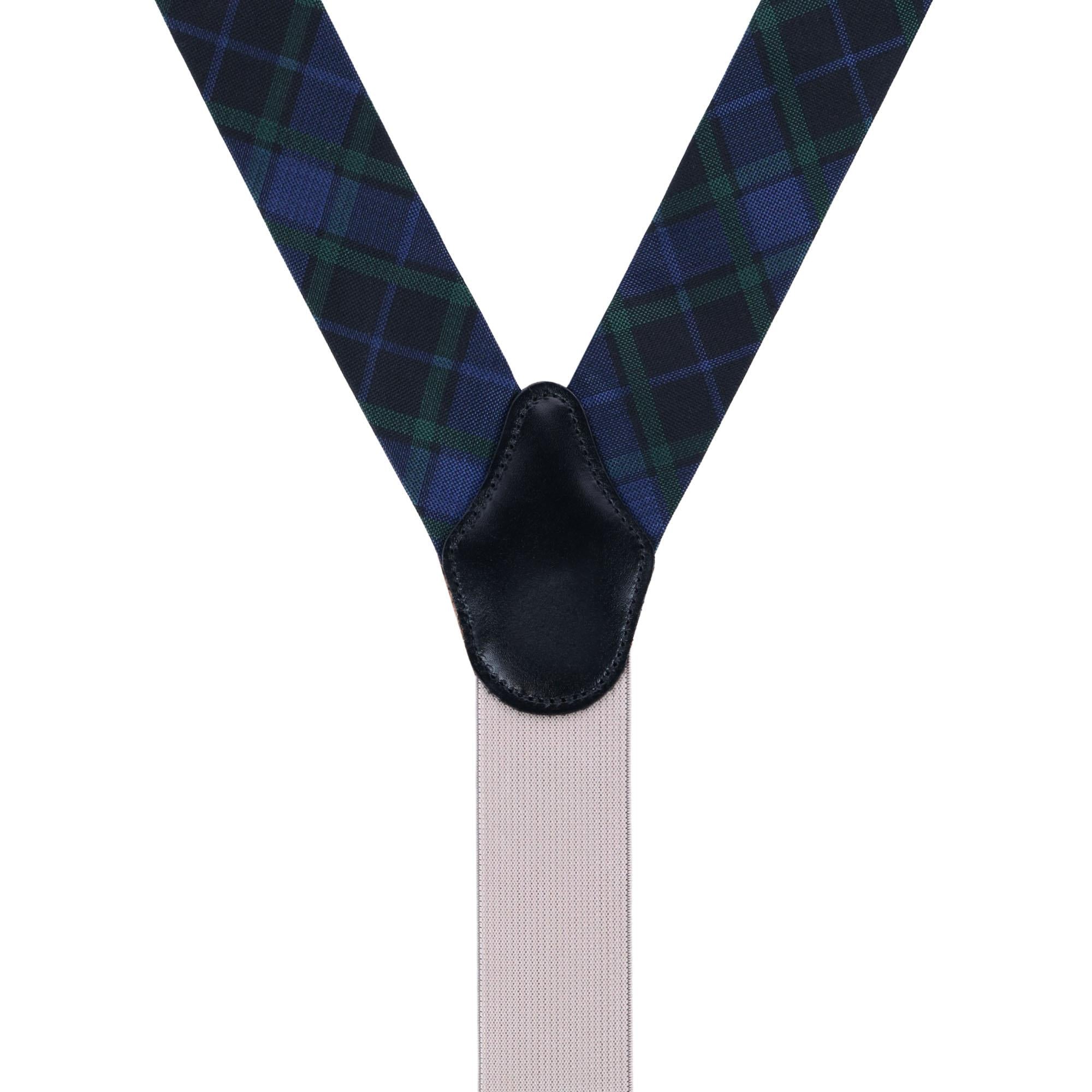 Ives Green and Navy Blackwatch Plaid Silk Button End Braces - Green and Navy Plaid