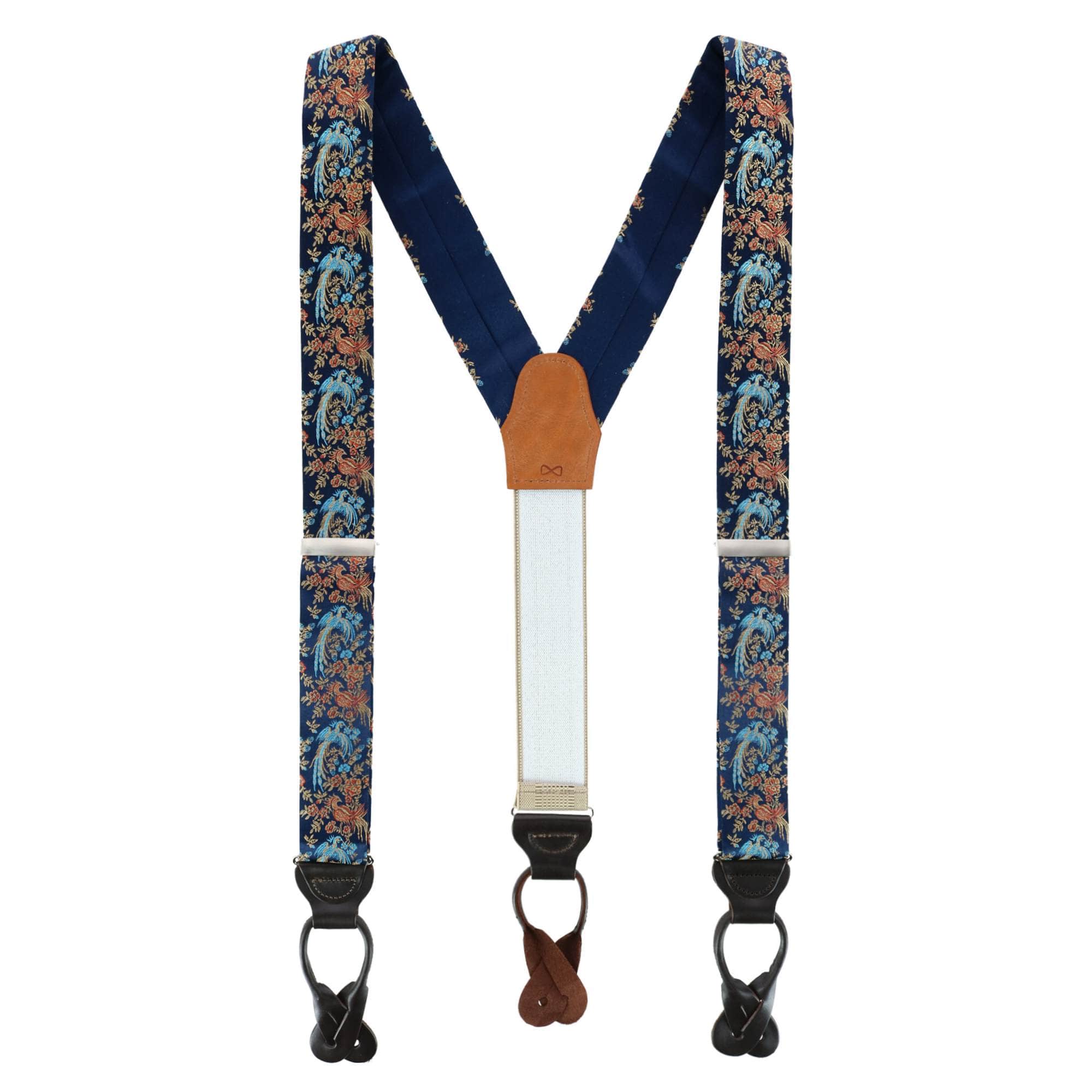 Birds of Prosperity Silk Button End Braces - Navy