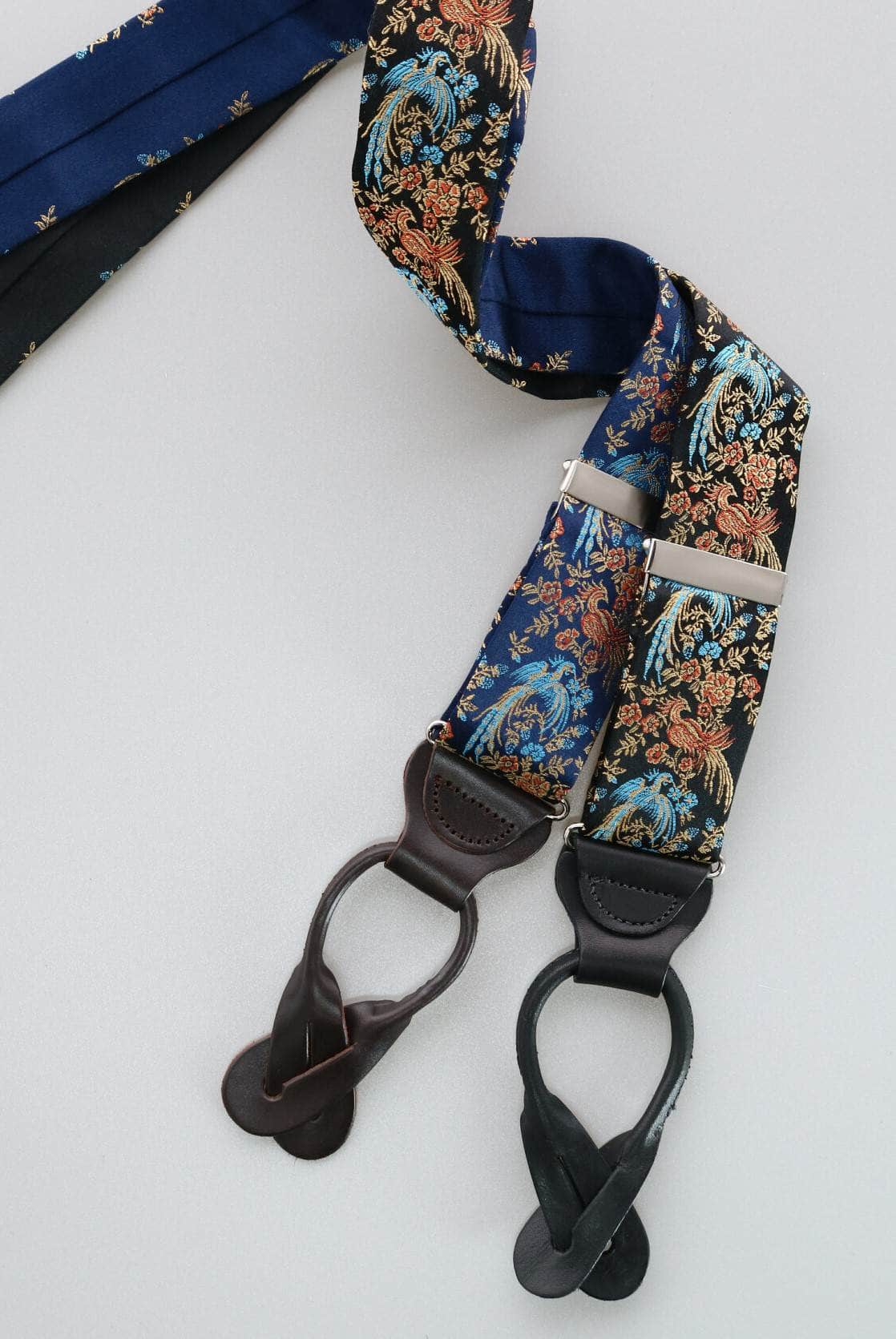Birds of Prosperity Silk Button End Braces - Navy
