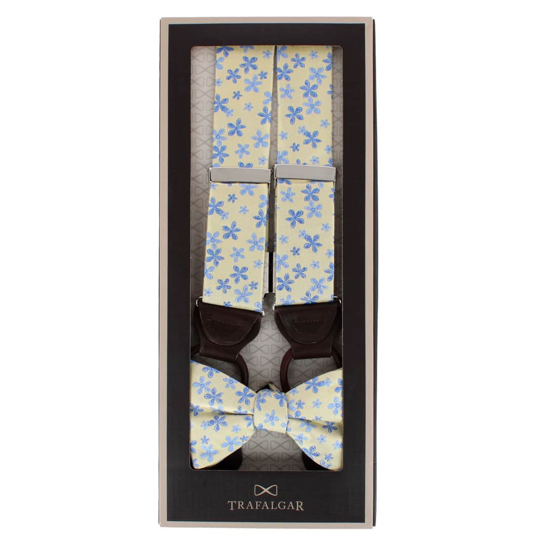 Weldon Floral Silk Braces and Bow Tie Bundle - Yellow with Light Blue