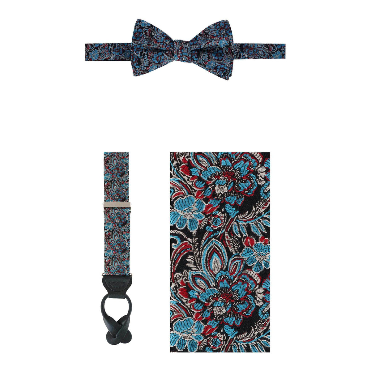 Enzo Exploded Floral Silk Braces and Bow Tie Bundle - Multi