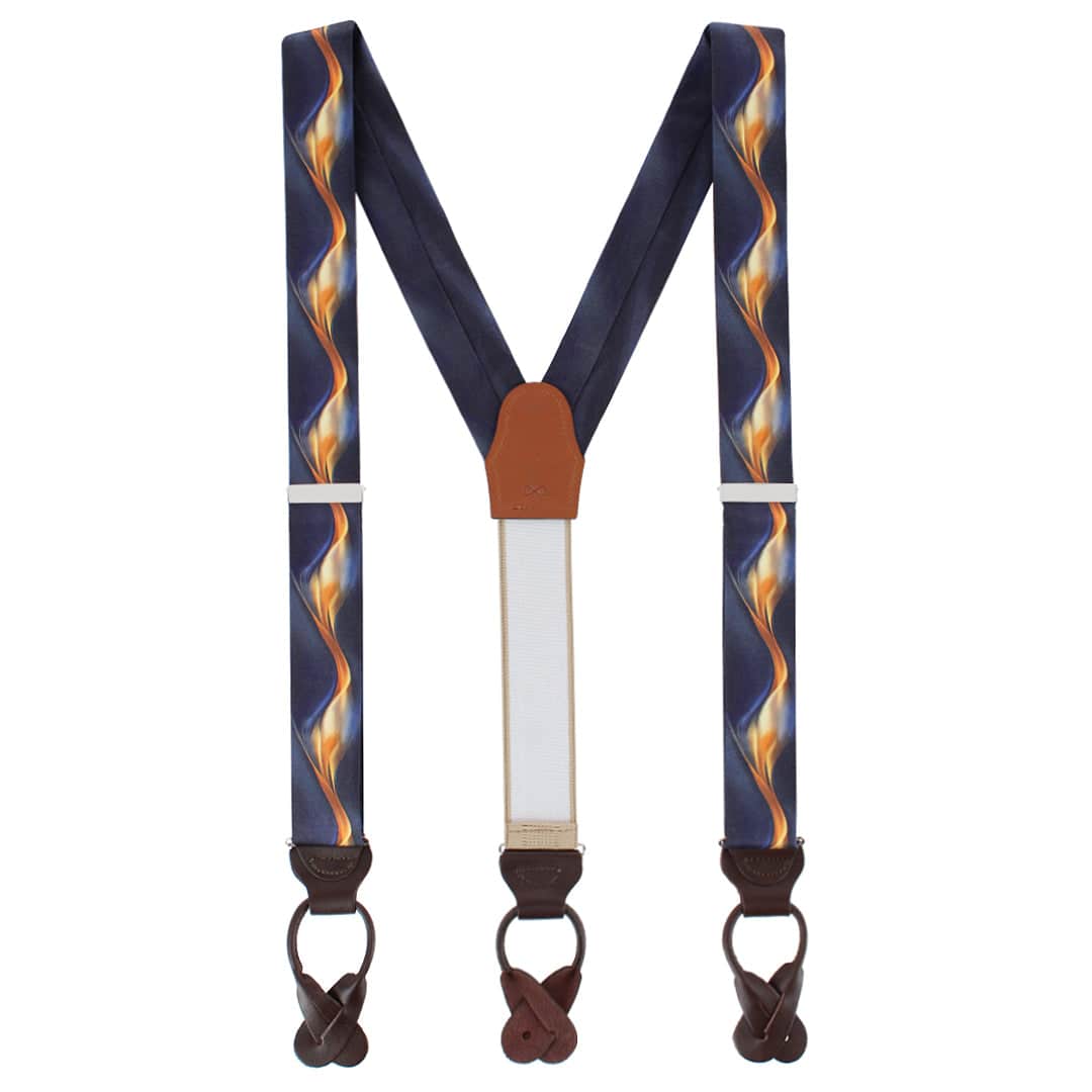 Atticus Blue and Gold Billow Silk Button End Braces - Navy Blue and Gold