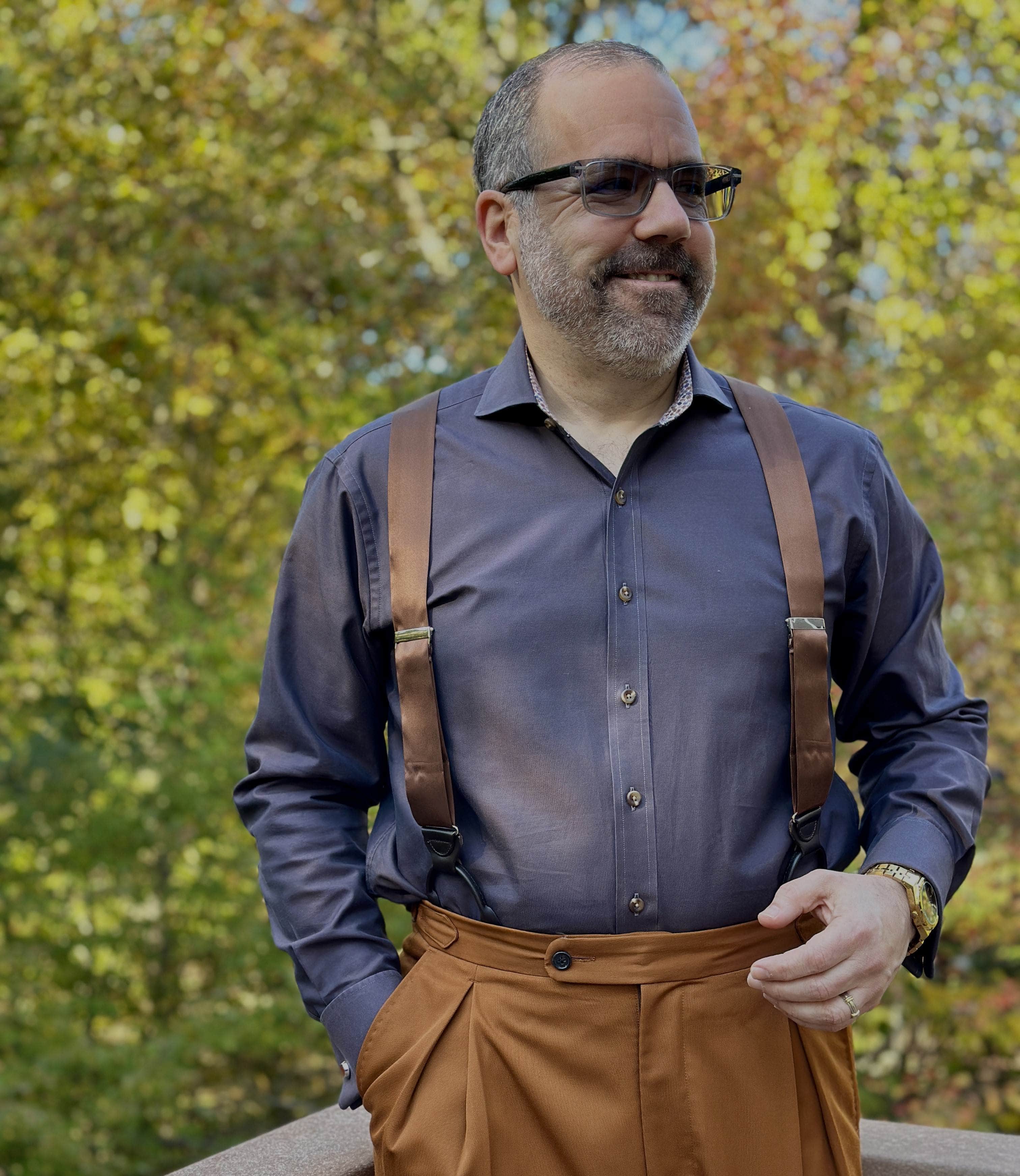 Dutton Solid Color Silk Button End Braces - Brown