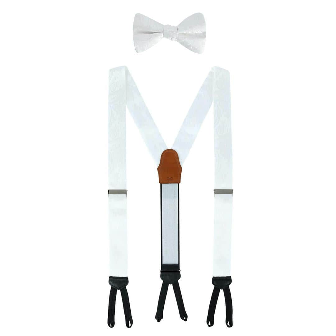 Banbury Tone on Tone Paisley Silk Braces and Bow Tie Set - White