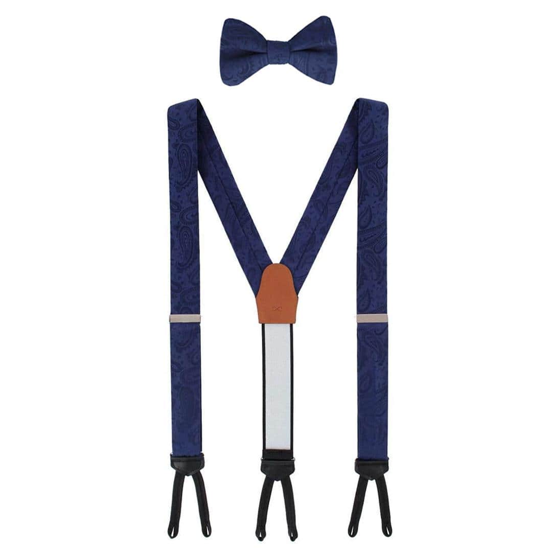 Banbury Tone on Tone Paisley Silk Braces and Bow Tie Set - Navy Blue