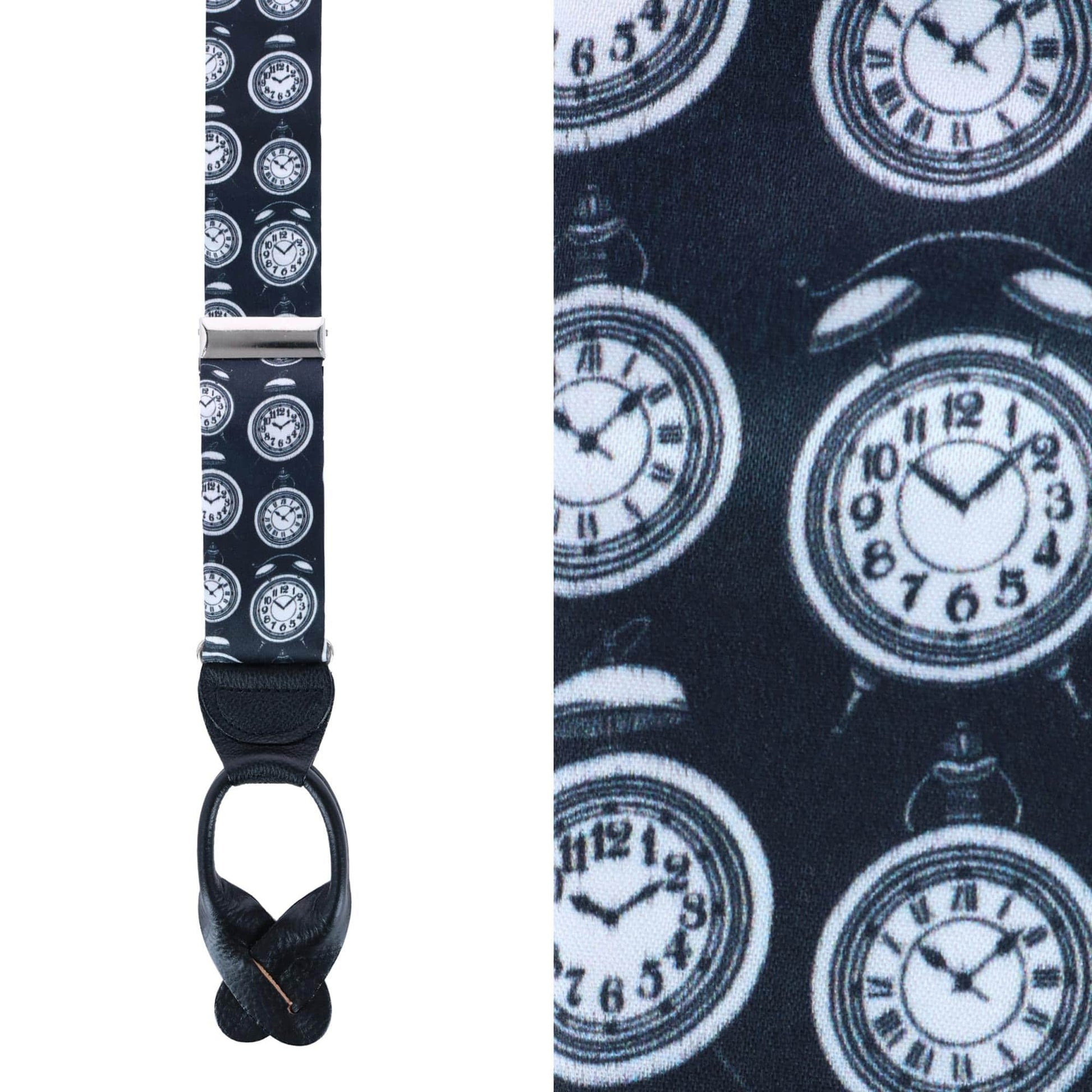 Ticking Time Clock Silk Button End Braces - Black