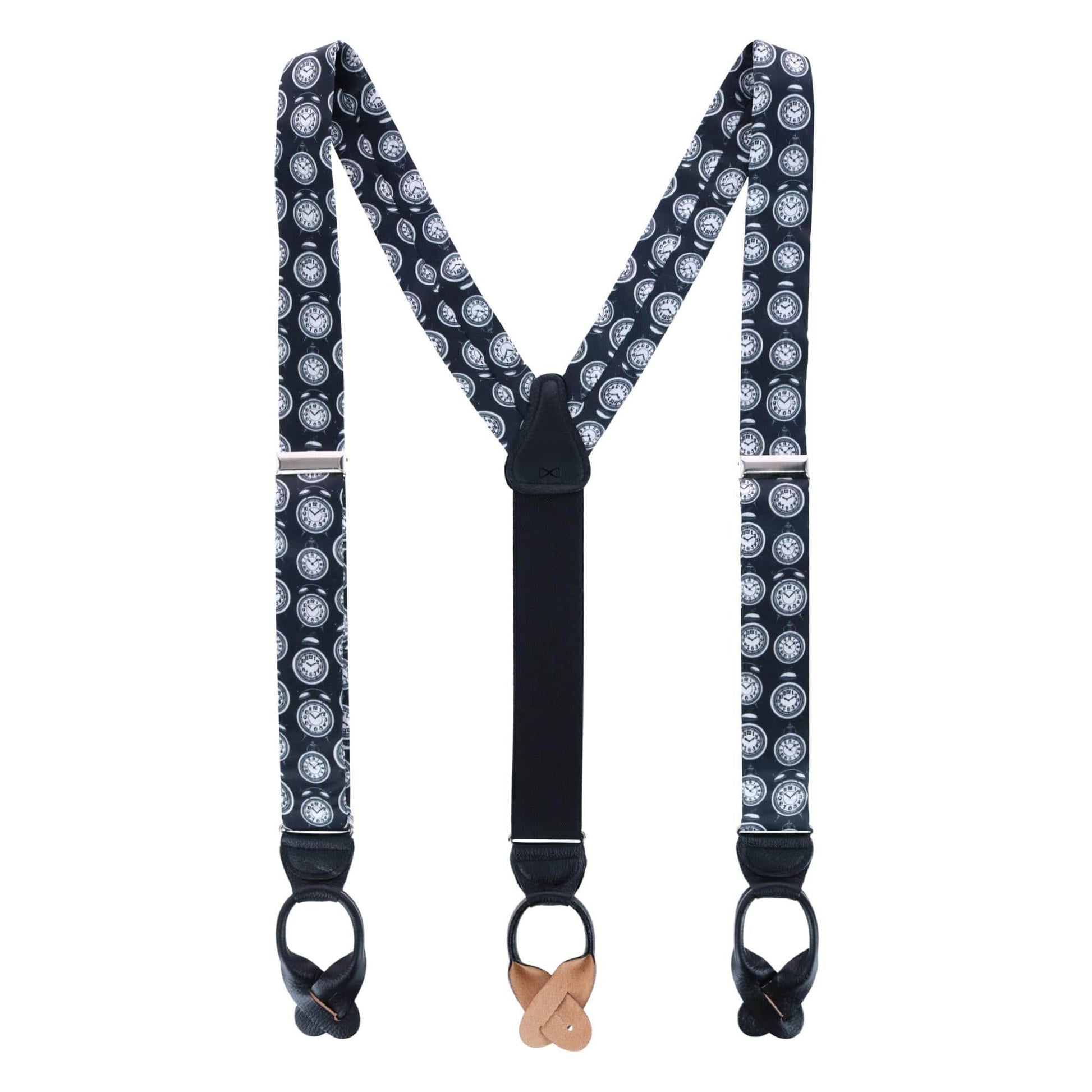 Ticking Time Clock Silk Button End Braces - Black
