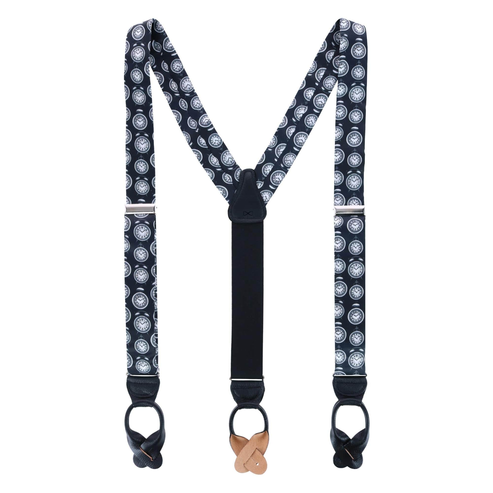 Ticking Time Clock Silk Button End Braces - Black