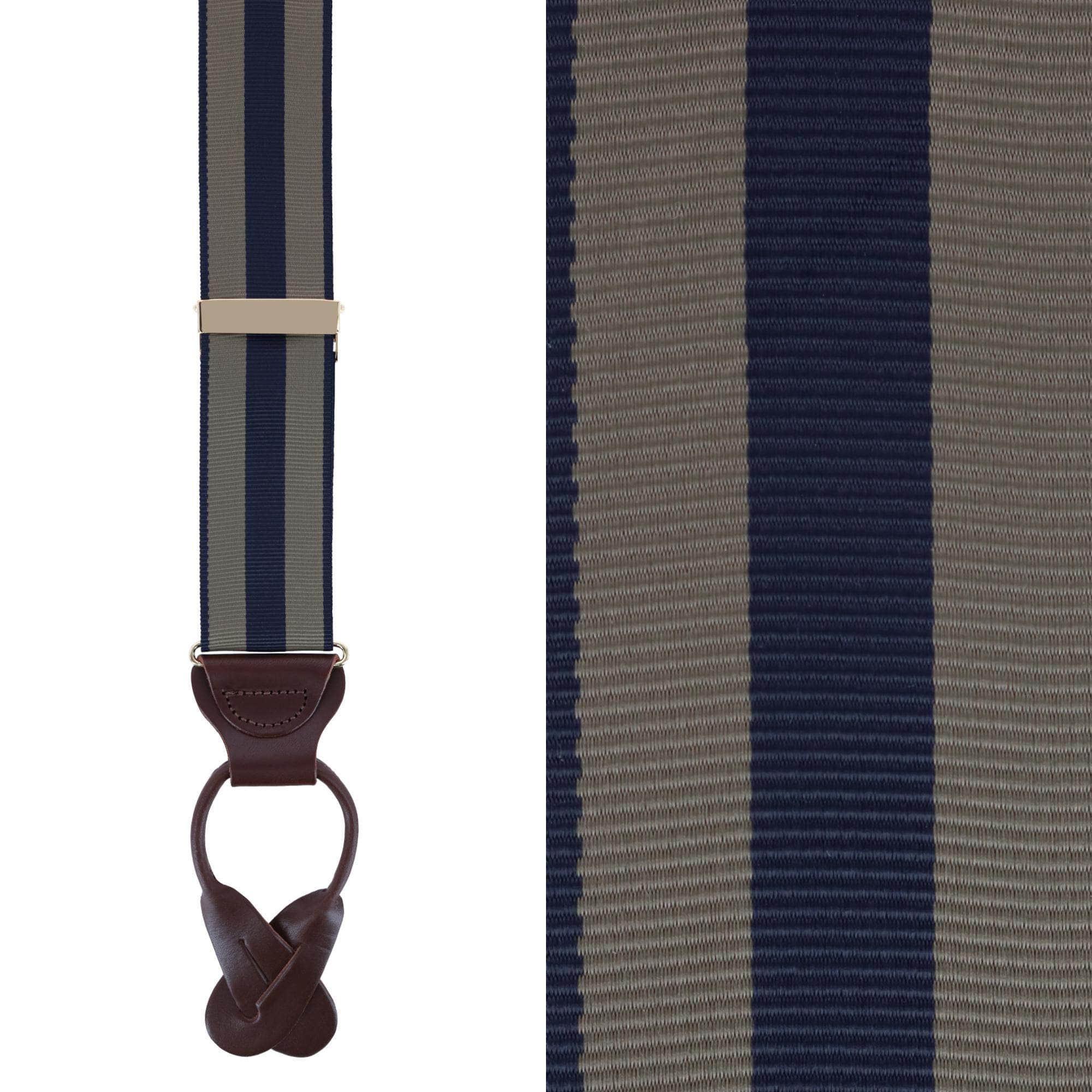 Balint 38MM Striped Non Stretch Grosgrain Button End Braces - Khaki and Navy