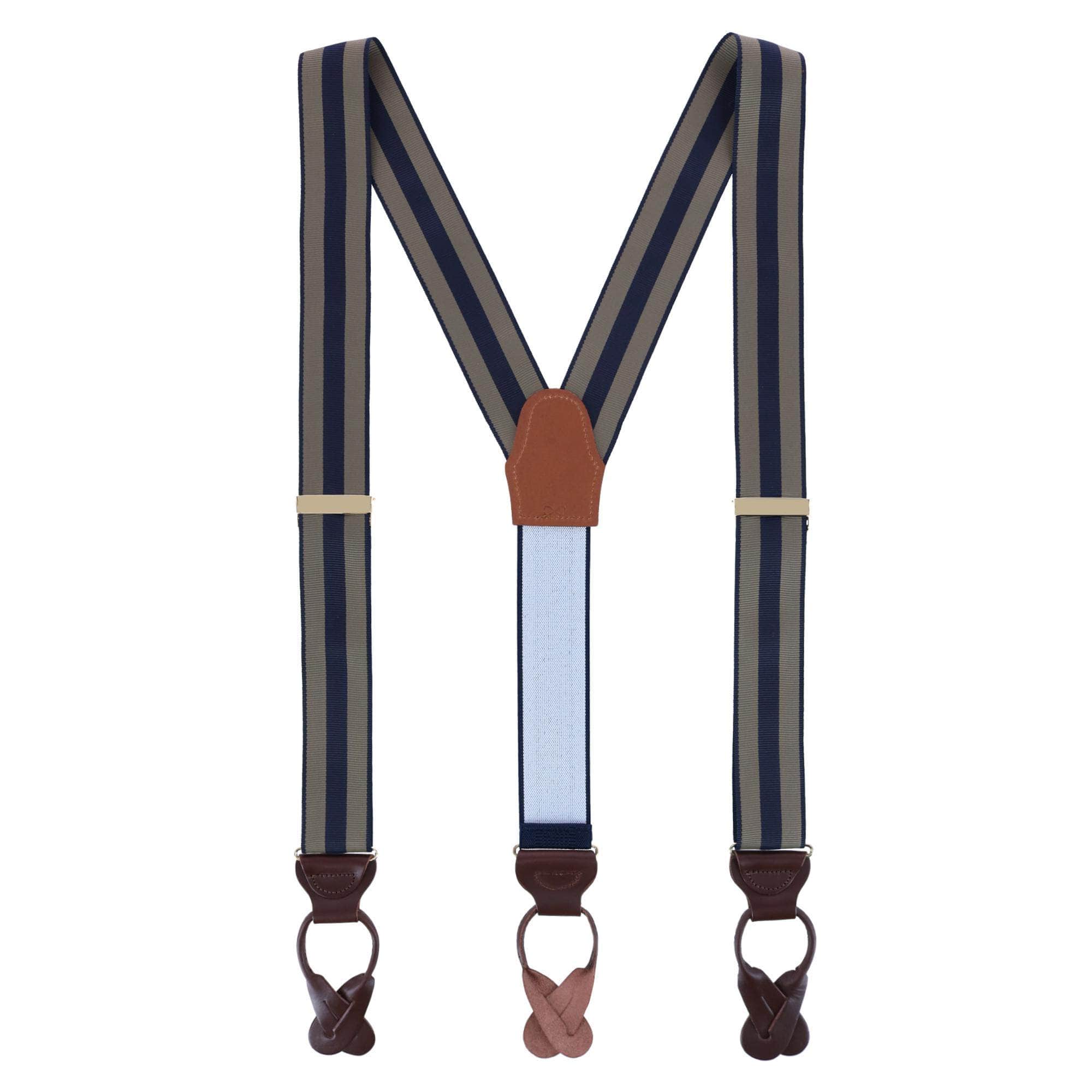 Balint 38MM Striped Non Stretch Grosgrain Button End Braces - Khaki and Navy