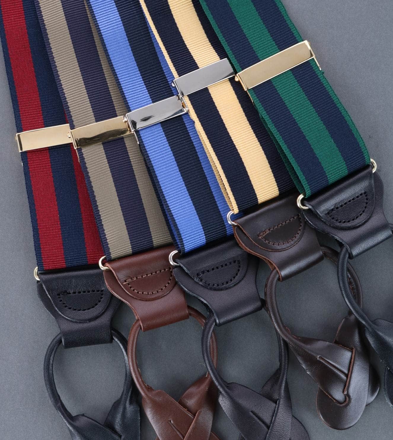 Balint 38MM Striped Non Stretch Grosgrain Button End Braces - Khaki and Navy