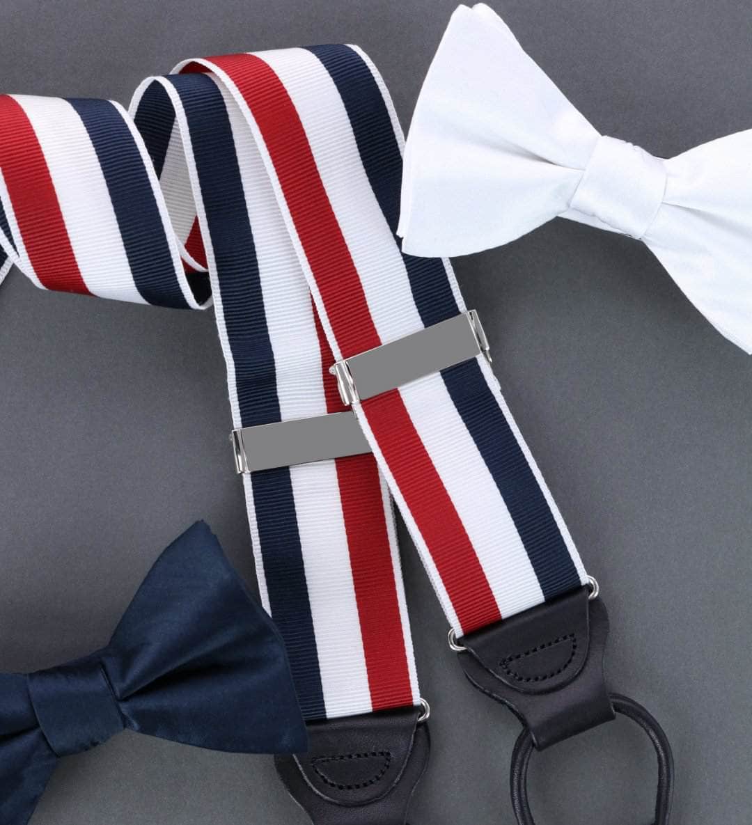 Balint 38MM Striped Non Stretch Grosgrain Button End Braces - Red, White, and Blue