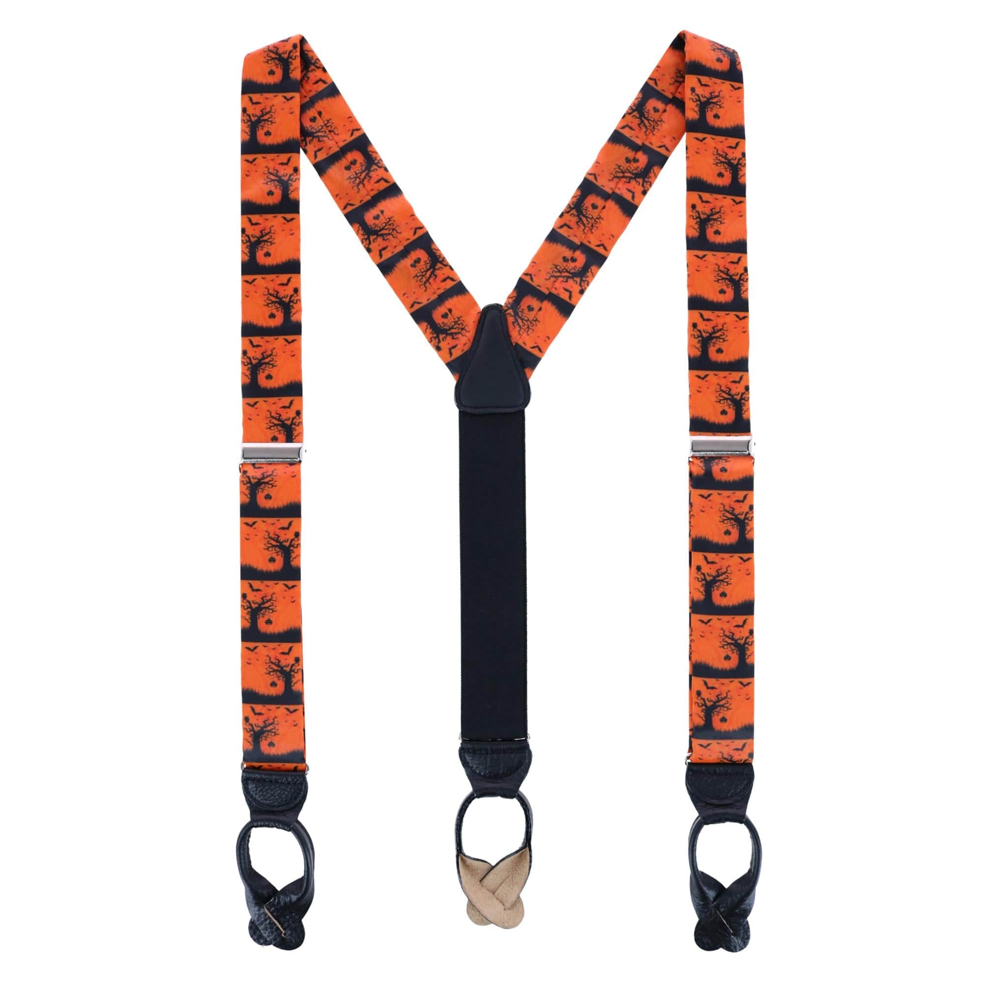 Halloween Spooky Scene Silk Button End Braces - Black and Orange