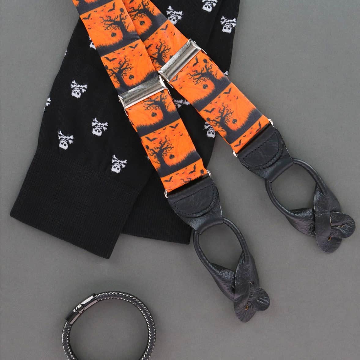 Halloween Spooky Scene Silk Button End Braces - Black and Orange