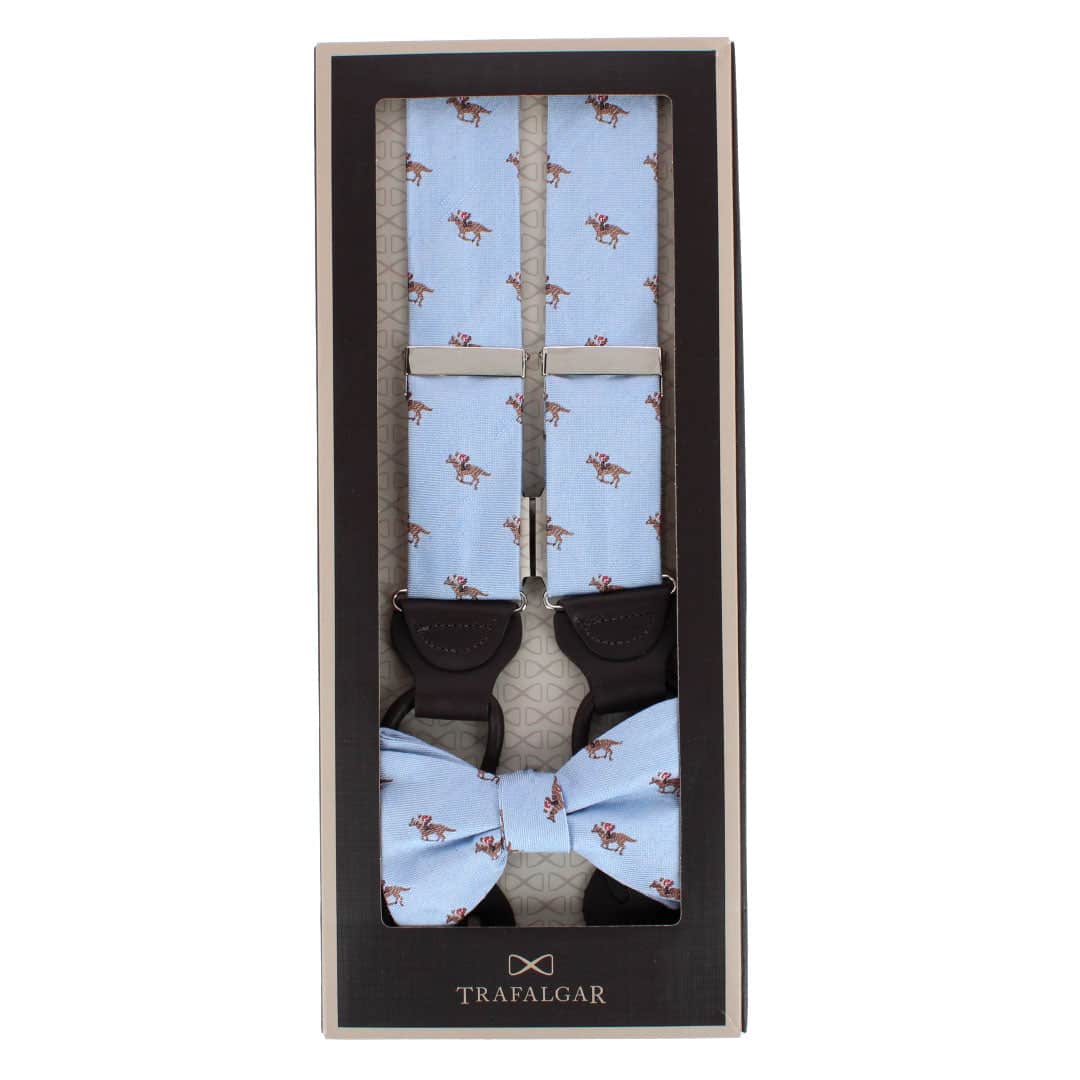Down The Stretch Racehorse Linen Blend Braces & Bow Tie Bundle - Light Blue