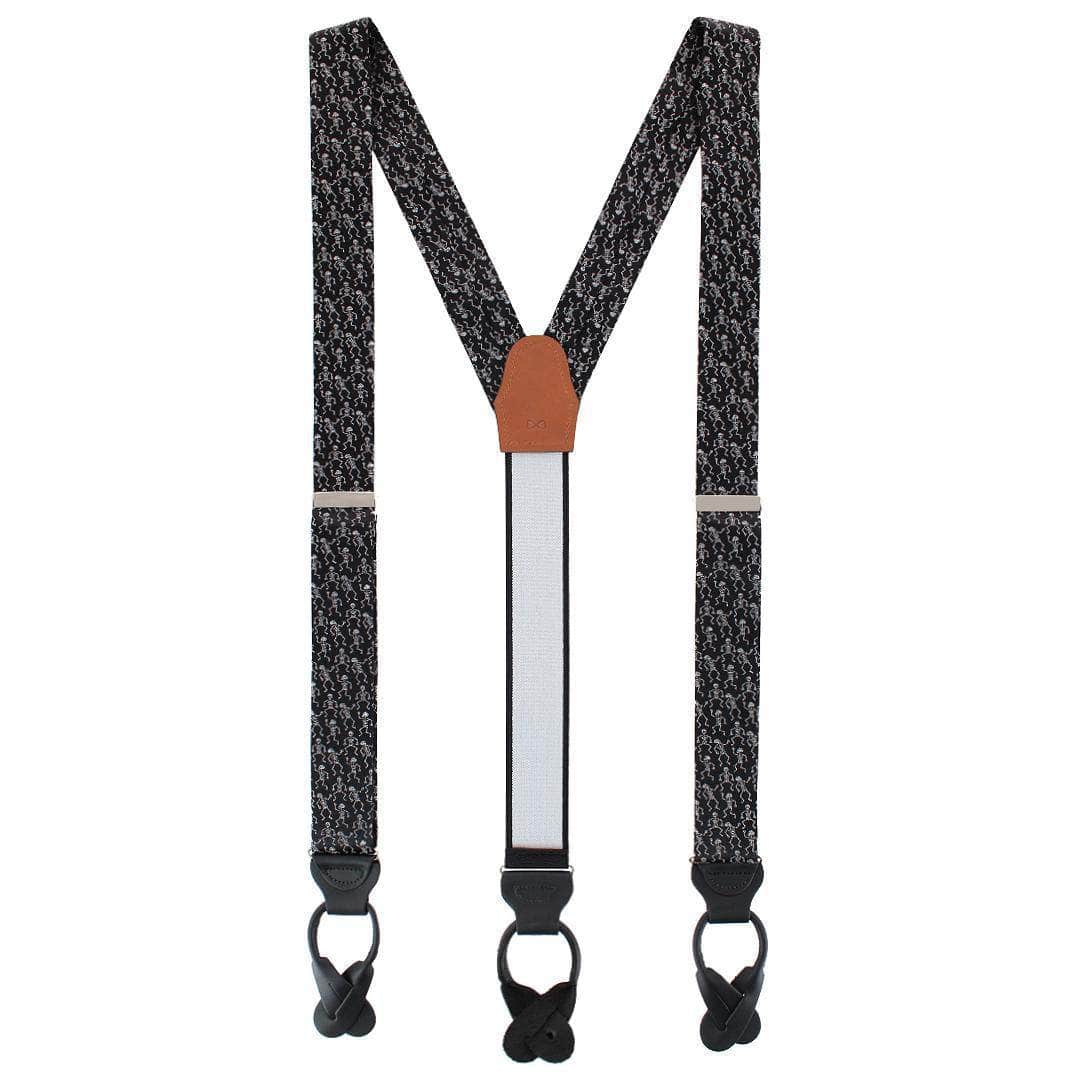 Big & Tall Davy Bones the Dancing Skeleton Silk Button End Braces - Black