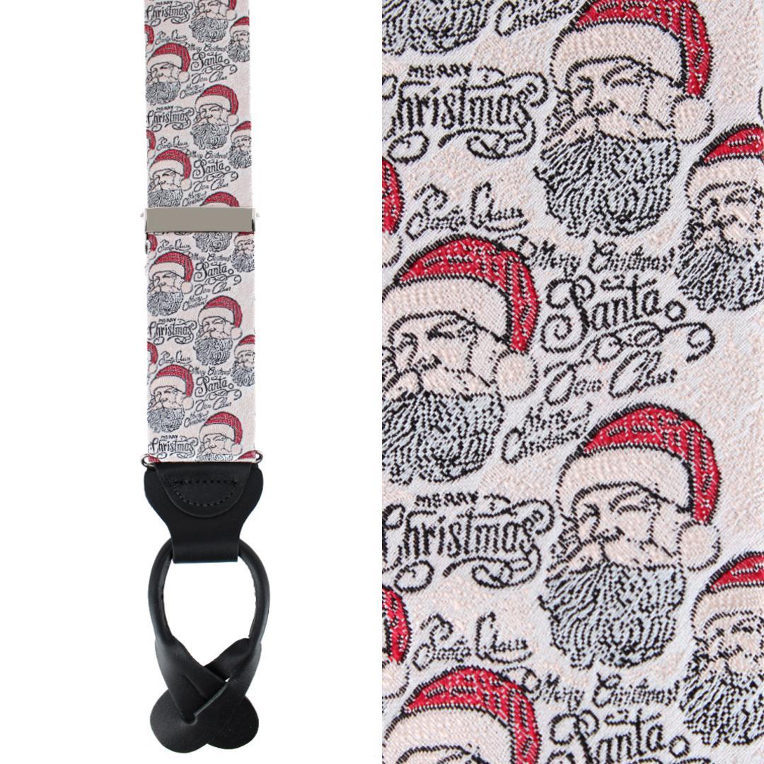 Big & Tall Santa Claus Is Watching Silk Novelty Button End Braces - Ivory and Red