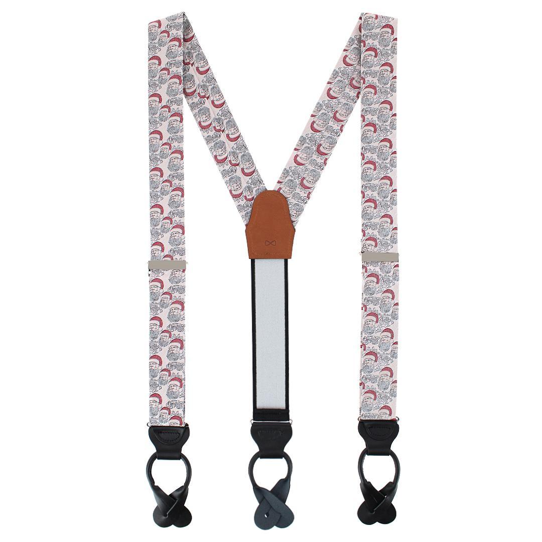 Big & Tall Santa Claus Is Watching Silk Novelty Button End Braces - Ivory and Red