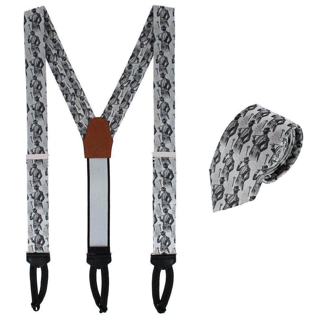 Big & Tall Ambrose Dapper Night Silk Formal Braces & Necktie Set - Silver and Black