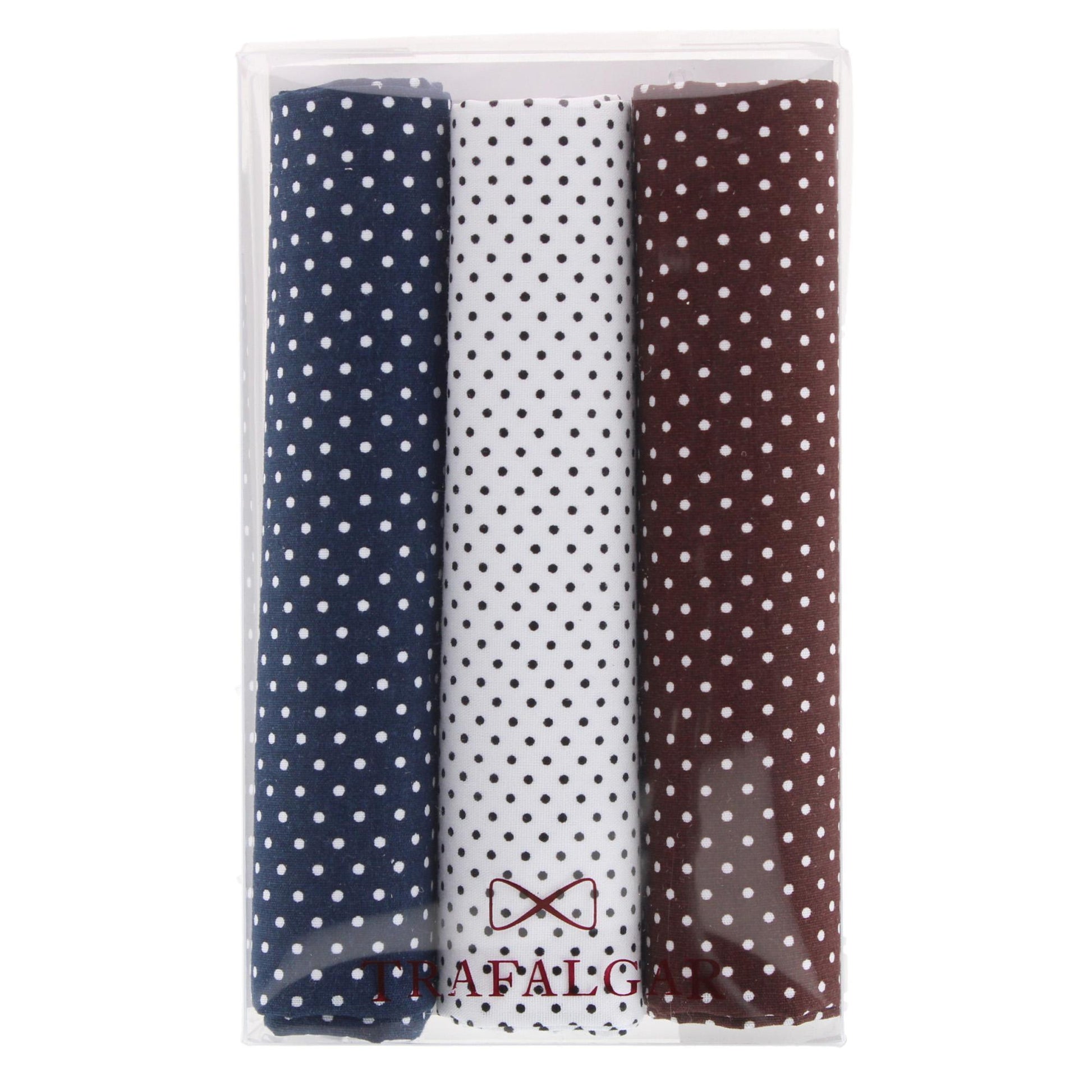 Payton Polka Dots Cotton Handkerchiefs (Pack of 3) - Navy Blue Polka Dots, White Polka Dots, and Brown Polka Dots