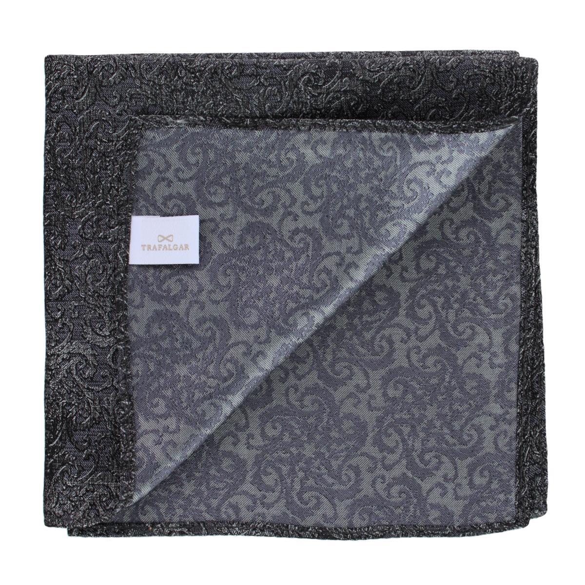 Esteban Scrolling Vines Tone on Tone Silk 12x12 Pocket Square - Silver and Black
