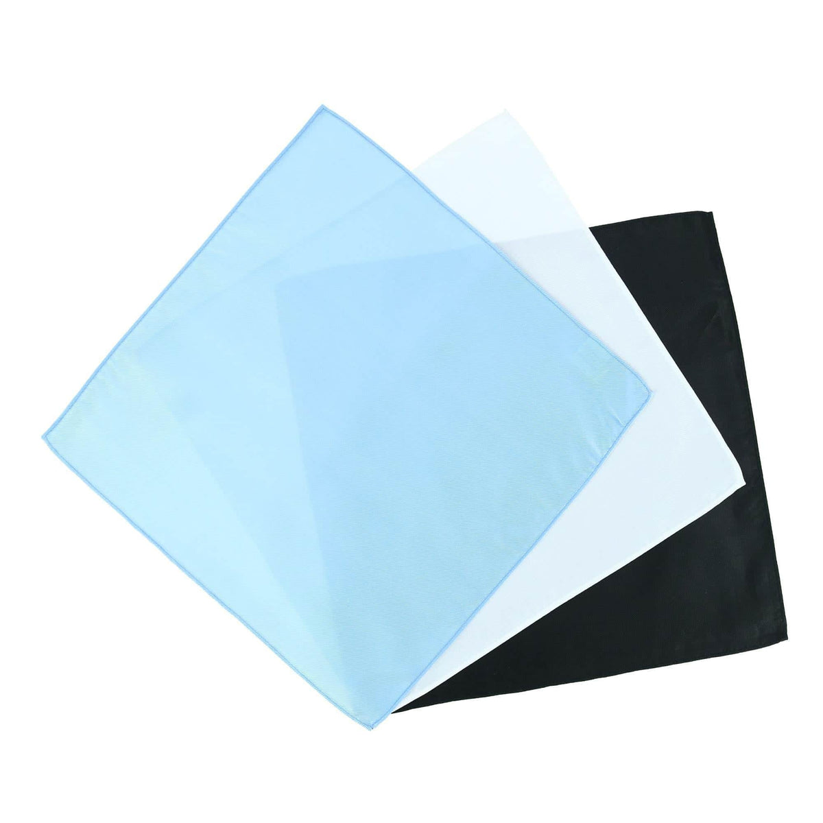 The Gatsby 12 inch Solid Silk Pocket Square Trio - Black, Light Blue, White