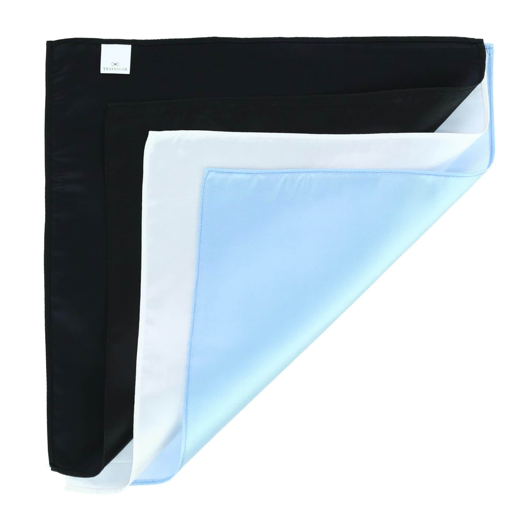 The Gatsby 12 inch Solid Silk Pocket Square Trio - Black, Light Blue, White